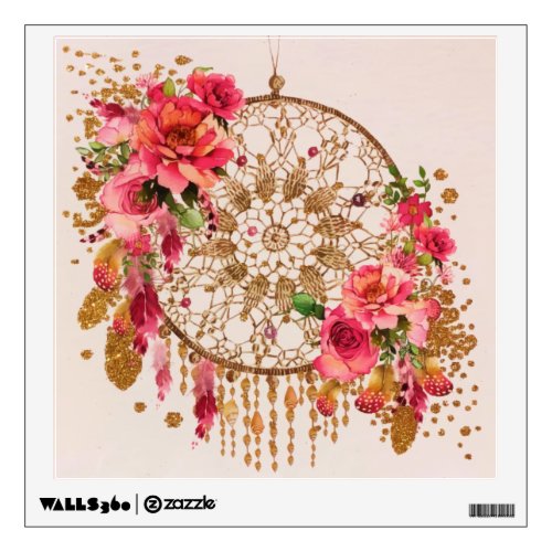 Boho Dreamcatcher Pink Gold Floral Watercolor Wall Decal