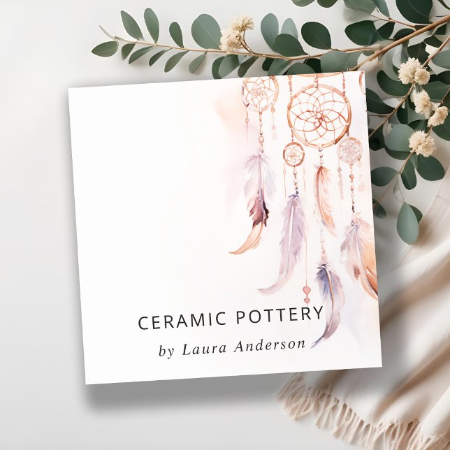 Boho Dreamcatcher Watercolor Lilac Blush Peach Square Business Card (Creator Uploaded)