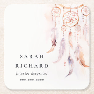 Boho Dreamcatcher Watercolor Lilac Blush Peach Square Paper Coaster