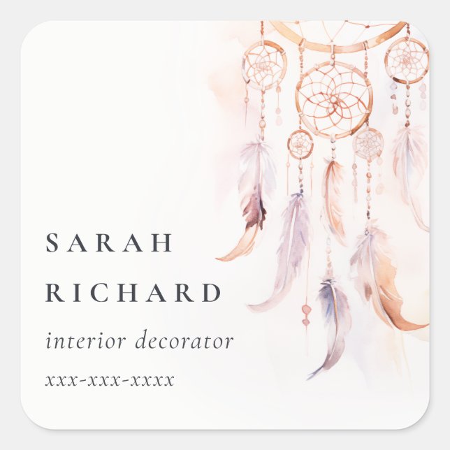 Boho Dreamcatcher Watercolor Lilac Blush Peach Square Sticker (Front)