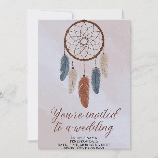 Boho Dreamcatcher Wedding Invitation | Rustic Bohe (Front)