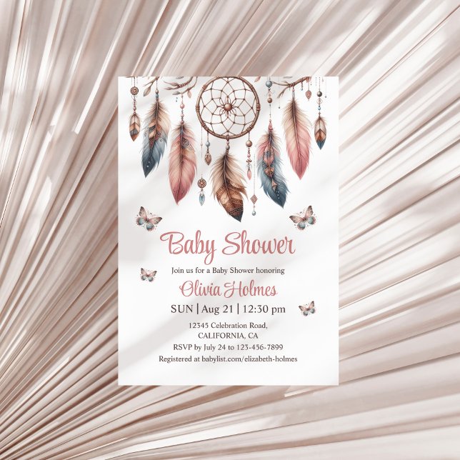 Boho Dreamcatcher with Butterflies Baby Shower  Invitation (Boho Dreamcatcher with Butterflies Baby Shower Invitation on a neutral dry palm leaf.)