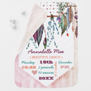 Boho Dreamcatcher & Wood Baby Girl Birth Stats Swaddle Blanket