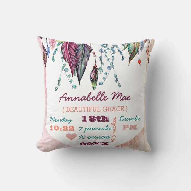 Boho Dreamcatcher & Wood Baby Girl Birth Stats Throw Pillow (Front)