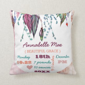 Boho Dreamcatcher & Wood Baby Girl Birth Stats Throw Pillow