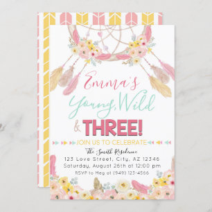 Boho Dreamcatcher Young Wild & Three 3rd Birthday Invitation