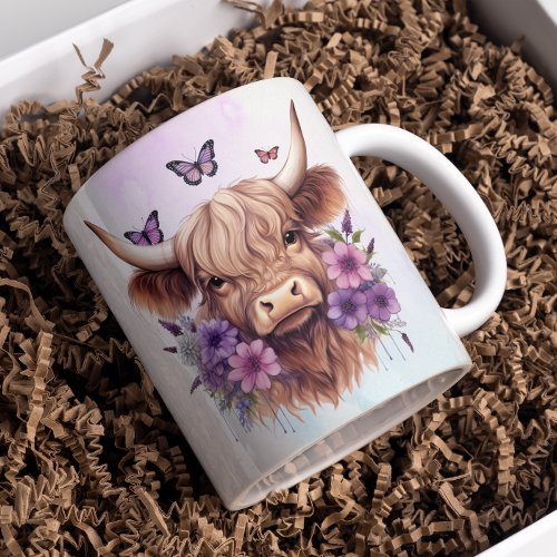 Boho Dreams Floral Purple Highland Cow Whimsical  Coffee Mug