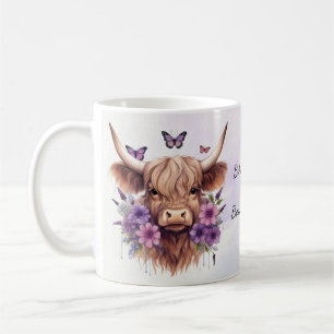 Boho Dreams Floral Purple Highland Cow Whimsical Coffee Mug