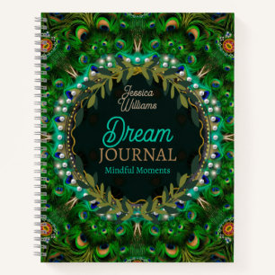 Boho Dreams Peacock Feathers Green Mandala Notebook