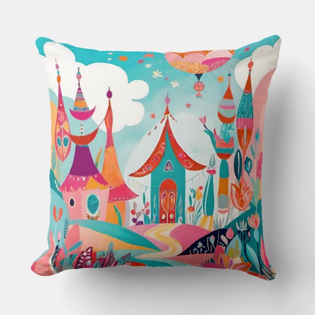 "Boho Dreamscape: Abstract Illustration Cushion" Throw Pillow (Front)