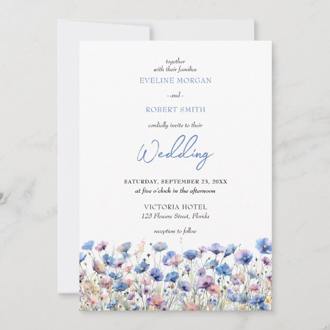 Boho dreamy blue wild flowers meadow floral invitation (Front)