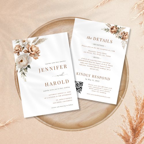 Boho Dried Fall Floral Minimal All in One Wedding Invitation