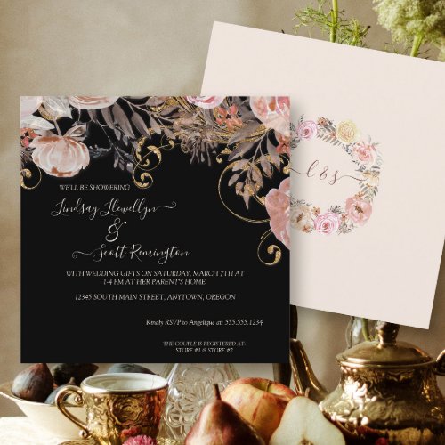 Boho Dried Floral Black Rose Gold Couples Shower Invitation