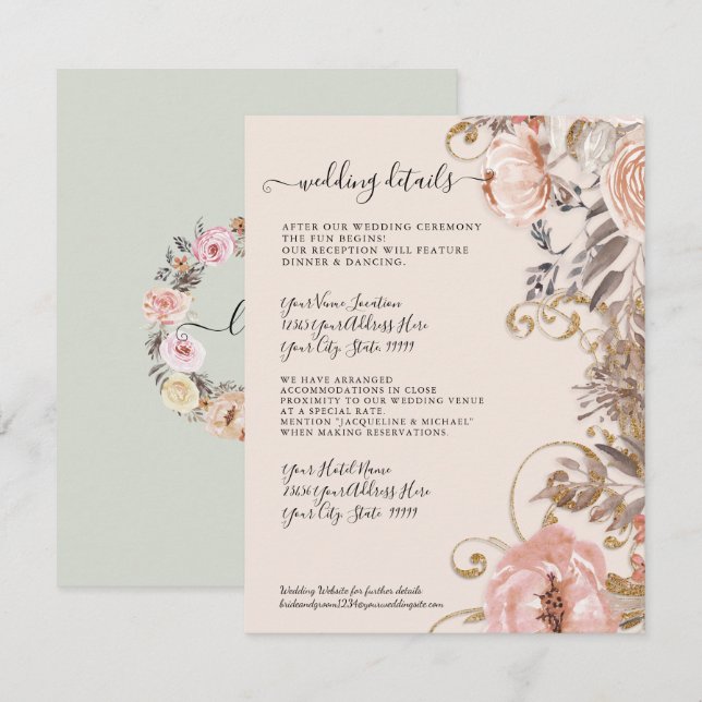Boho Dried Floral Blush Rose Gold Wedding Details Invitation (Front/Back)