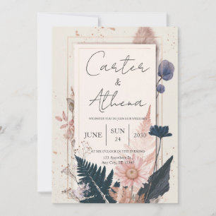 Boho Dried Floral Gold Frame Wedding Invitation