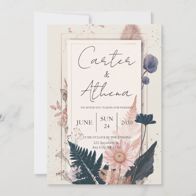Boho Dried Floral Gold Frame Wedding Invitation (Front)