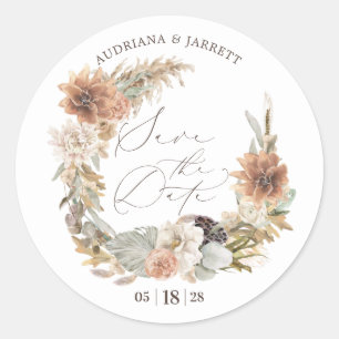 Boho Dried Floral Pampas Grass Autumn Save Date Classic Round Sticker