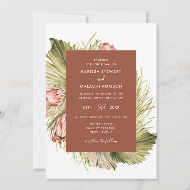 Boho Dried Floral Watercolor Terracotta Wedding Invitation (Front)