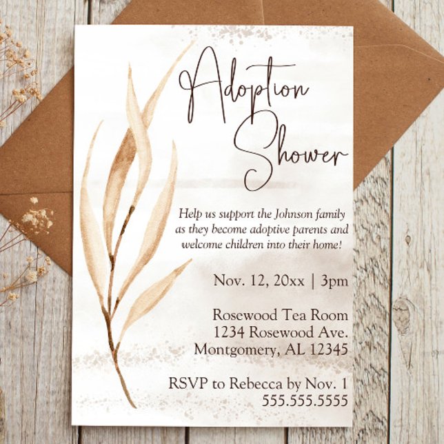 Boho Dried Florals Adoptive Baby/Child Shower Invitation (adoption baby shower invitation with brown script text and boho dried floral elements)