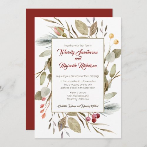 Boho Dried Florals Greenery Burgundy Wedding  Invitation