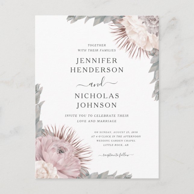 Boho Dried Flowers  Dusty Rose Wedding Invitation (Front)