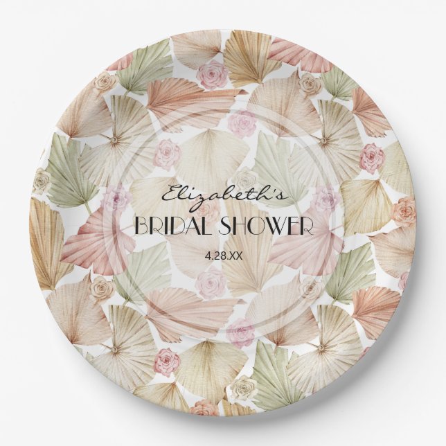 Boho Dried Leaves and Flowers Bridal Shower Paper Plates (Front)