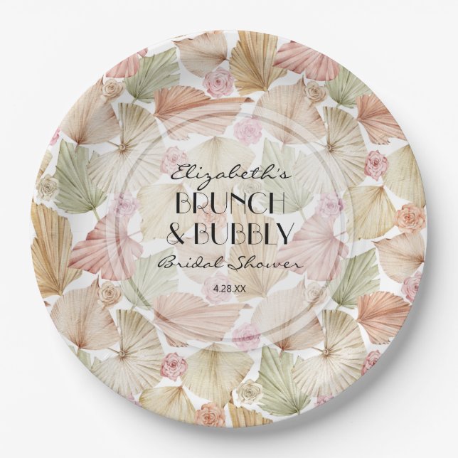 Boho Dried Leaves and Flowers Bridal Shower Paper Plates (Front)