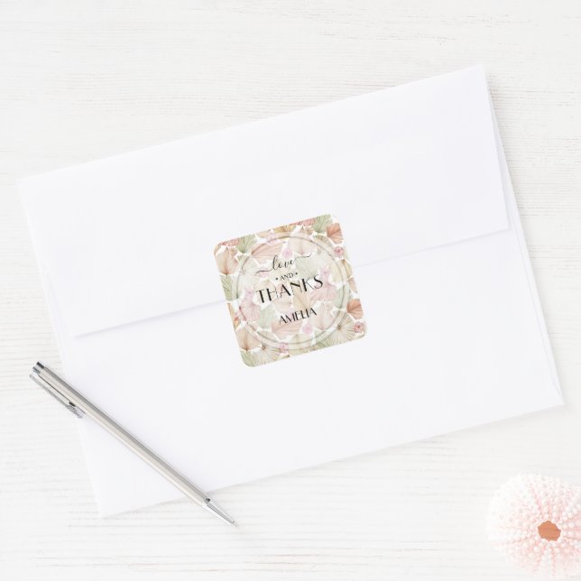 Boho Dried Leaves and Flowers Wedding Square Sticker (Envelope)