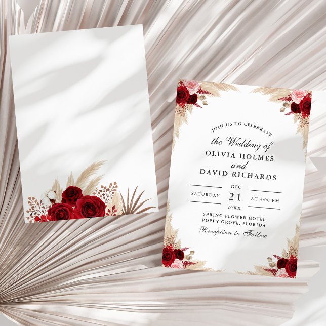 Boho Dried Leaves & Burgundy Rose Wedding Invitation (Dry Tropical Leaves and Rose Wedding Invitation on a sunny white dry palm leaf.)