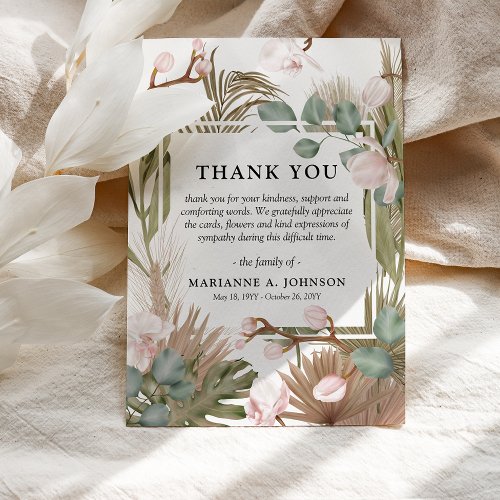 Boho Dried Leaves Pampas  Pink Orchid Funeral  Thank You Card