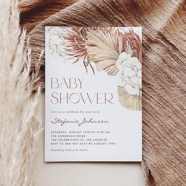 Boho Dried Palm and Orchid QR Code Baby Shower Invitation (This QR code baby shower invitation features watercolor white orchids, pampas grass, and dried palm.)