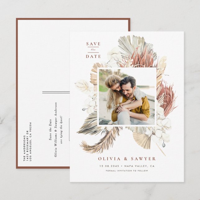 Boho Dried Palm and Orchids Photo Save the Date Announcement Postcard (Front/Back)