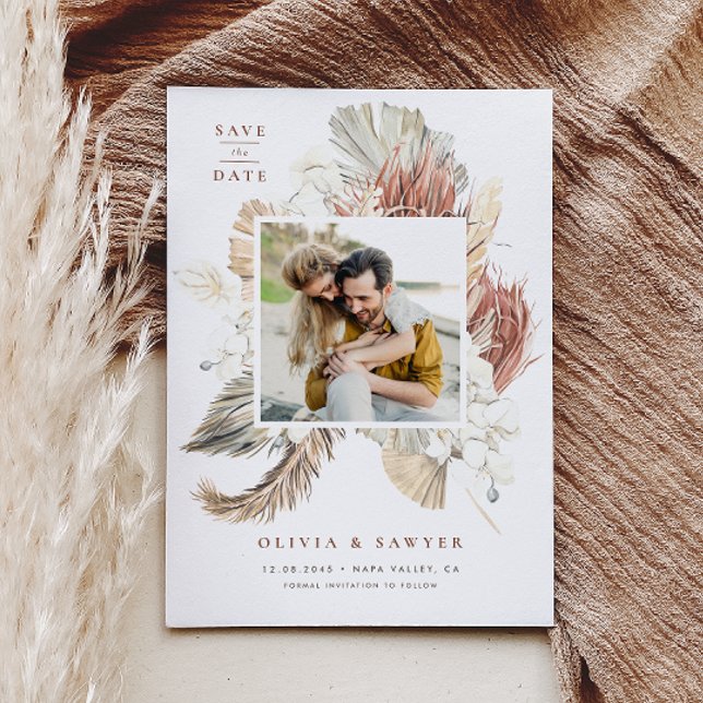 Boho Dried Palm and Orchids Photo Save the Date Magnetic Invitation (Photo save the date magnet featuring a watercolor pampas grass, dried palm, orchids, and anthurium.)