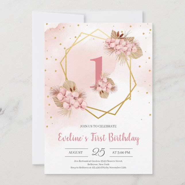 Boho Dried Palm Blush Orchid Gold First Birthday Invitation (Front)
