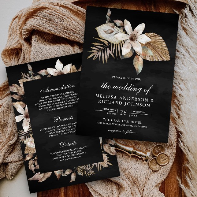 Boho Dried Palm Floral All in One Black Wedding Invitation (Creator Uploaded)