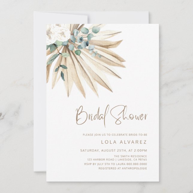 Boho Dried Palm Leaf Bouquet Bridal Shower Invitation (Front)
