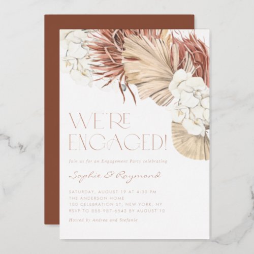 Boho Dried Palm Leaves and Orchid Engagement Party Foil Invitation
