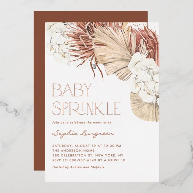 Boho Dried Palm Leaves and Orchids Baby Sprinkle Foil Invitation (Front/Back)