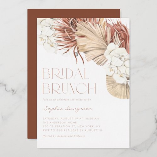 Boho Dried Palm Leaves and Orchids Bridal Brunch Foil Invitation