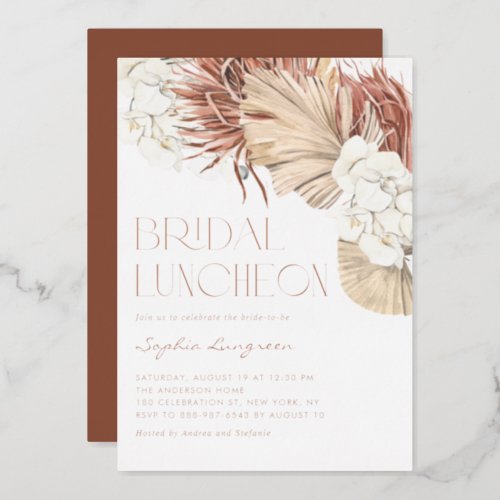 Boho Dried Palm Leaves and Orchids Bridal Luncheon Foil Invitation