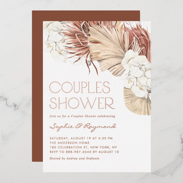 Boho Dried Palm Leaves and Orchids Couples Shower Foil Invitation (Front/Back)