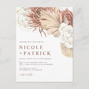 Boho Dried Palm Leaves and Orchids Wedding Invitation Postcard