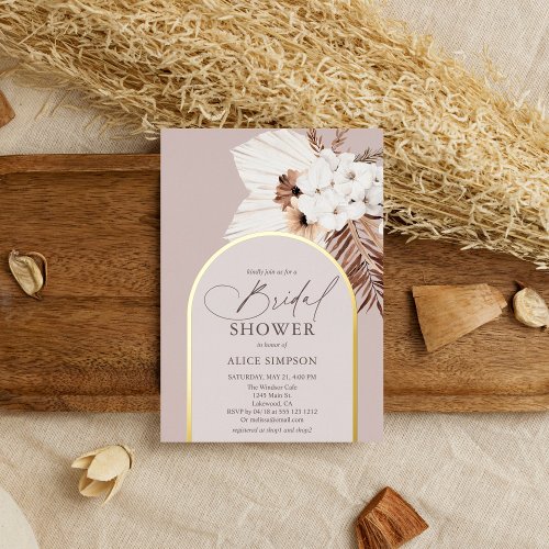 Boho Dried Palm Leaves Bridal Shower Foil Invitation