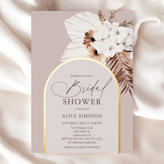 Boho Dried Palm Leaves Bridal Shower Foil Invitation (Creator Uploaded)