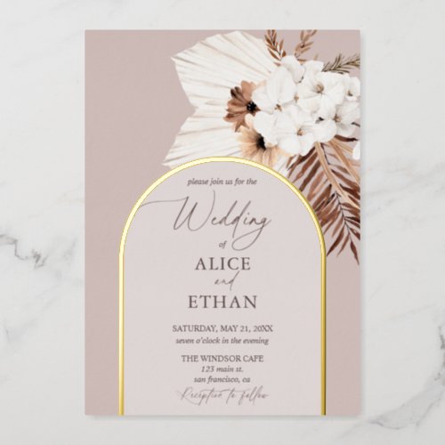 Boho Dried Palm Leaves Wedding Foil Invitation