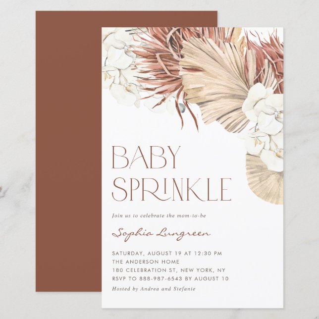 Boho Dried Palm Orchids Baby Sprinkle Invitation (Front/Back)