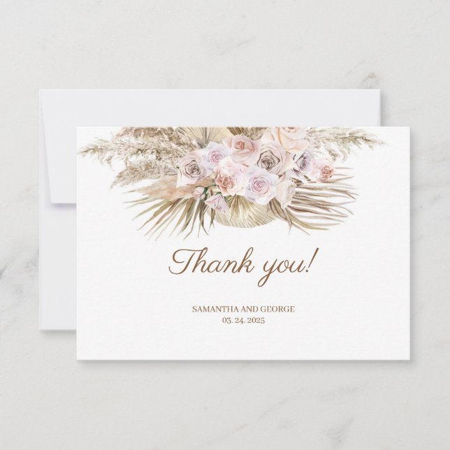 Boho Dried Palm Pampas Grass Dusty Pink Orchid  Th Thank You Card (Front)
