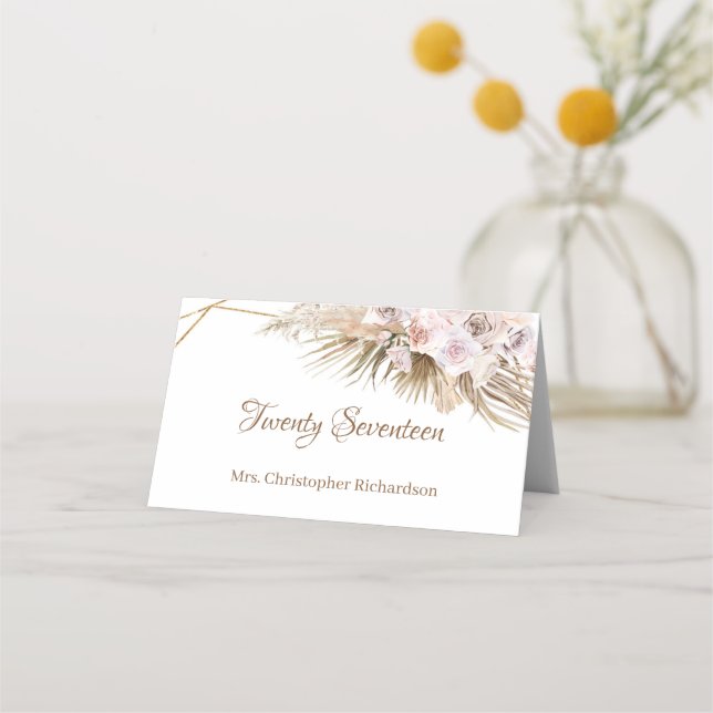 Boho Dried Palm Pampas Grass Gold Arch Dusty Rose Place Card (Front)