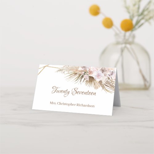 Boho Dried Palm Pampas Grass Gold Arch Dusty Rose Place Card