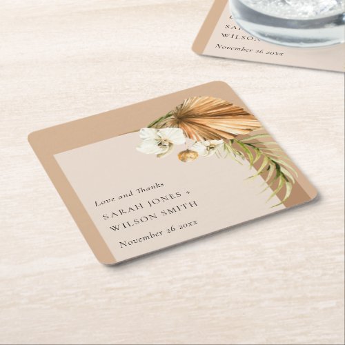 Boho Dried Palm Rust Floral Arch Wedding Thanks Square Paper Coaster